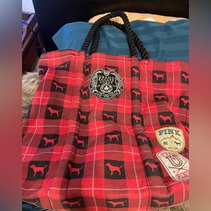 Victoria’s Secret red and black checkered tote with dogs